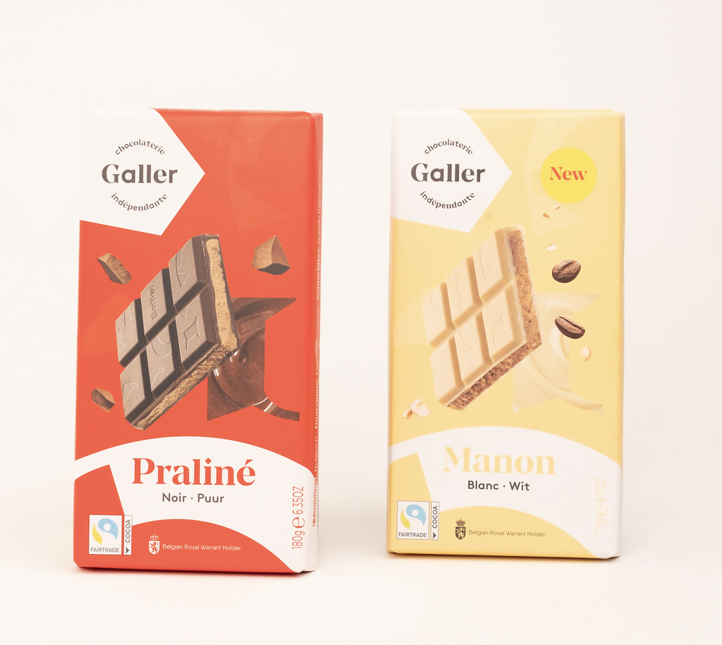 Duo de tablettes de chocolat Galler : fourrées praliné noir et manon blanc 